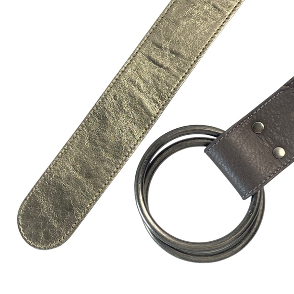 EILEEN FISHER Two Tone Leather Belt Double-O Ring Taupe and Metallic Gold  Small - Picture 4 of 7